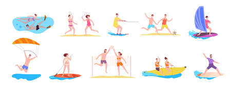People beach games. Summer sport game activity, surfing volleyball windsurfing water ski boat, sea vacation friend team active leisure fun recreation, splendid vector illustrationのイラスト素材