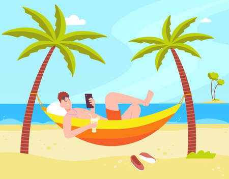 Relax in beach hammock. Leisurely man lying under palm at sea ocean island, summer vacation thailand recreation bali rest holiday lounging life person, splendid vector illustrationのイラスト素材