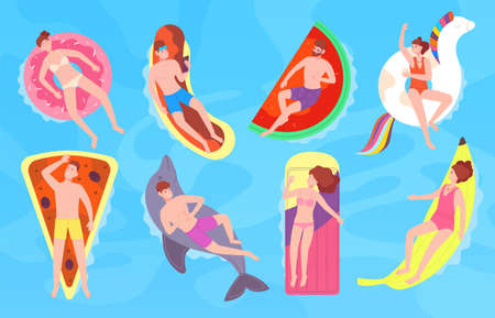 People on air mattresses. Man swimming inflatable mattress bed rubber ring in pool, family floating sea, beautiful woman bikini sunbathing relaxのイラスト素材