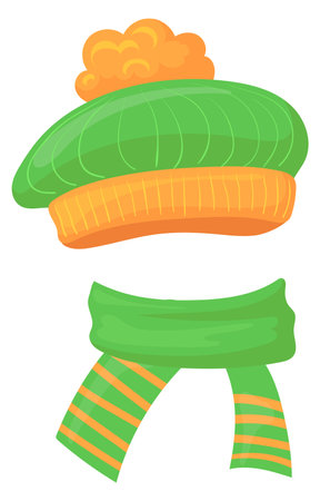 Funny warm hat and scarf. Cold season cartoon accessoriesのイラスト素材
