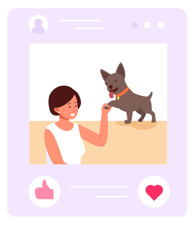 Social media post. Happy woman with dog in internetのイラスト素材
