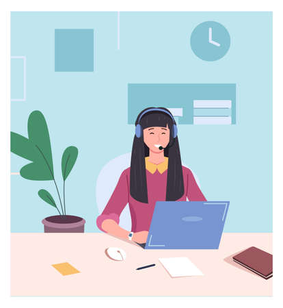 Office workplace with woman working in headset. Client support workerのイラスト素材