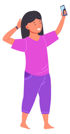 Happy girl making selfie with smartphone. Child social mediaのイラスト素材