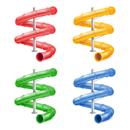 3d screw slides. Waterpark spiral slide or colorful water pipes, aqua park swimming isolated twist pipe tube splash sliding in pool, play summer aquapark, tidy vector illustrationのイラスト素材