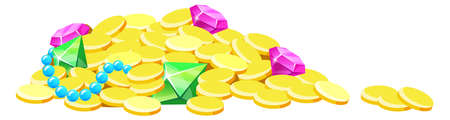 Treasure pile. Golden coins and precious gem in casual game styleのイラスト素材
