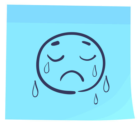 Crying face doodle on blue sticker. Emotion color cardのイラスト素材