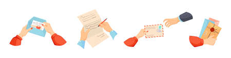 Handing postal letters. Hands writing future letter, handwritten paper message, hand holding postcard sending mail envelope, cartoon vector illustrationのイラスト素材