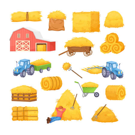 Cartoon bale of hay. Harvesting straw for feeding farm animal, haystack box fodder hayloft, stack dry grass field, village barn tractor cart bales wheat, exact vector illustrationのイラスト素材