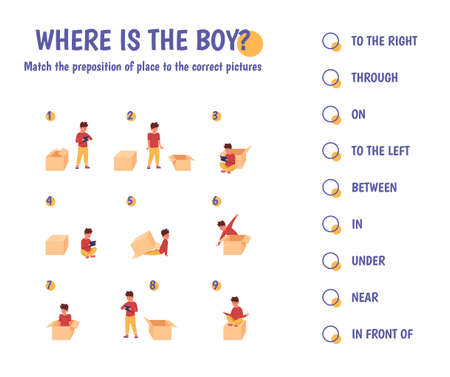 Prepositions game. Preschool learning english grammar, teaching topologia worksheet for educational activity children kindergarten direction learn vocabulary vector illustrationのイラスト素材