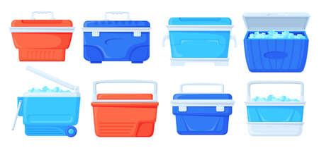 Cooler boxes. Summer ice bag camping beach picnic, portable fridge for cold food drinks cool beer, mobile refrigerator cube travel thermal delivery box, neat vector illustrationのイラスト素材
