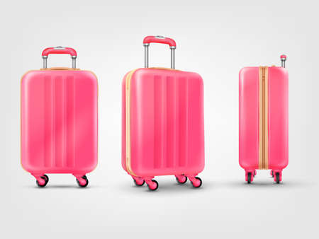 Realistic suitcase wheels. 3d isolated luggages, traveler baggage travel case trolley mockup plastic luggage handle baggages for hotel airport tourist bagのイラスト素材