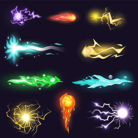 Cartoon magic energy. Magical laser gaming effect, force futuristic gun shot game damage weapon element spell lightning attack plasma explosion fire light blast neoteric vectorのイラスト素材