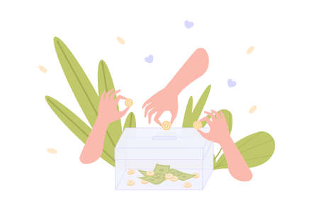 Hands contributing coins. Contributor money donation, fundraising pension financial fund welfare cash in bank box, hand squeez coin, save investment moneybox vector illustrationのイラスト素材