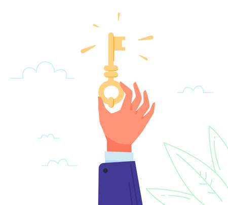 Golden key in hand. Hands holding gold secret keys from lock door residential property, success unlock opportunity successful estate owner or agent admin access vector illustrationのイラスト素材