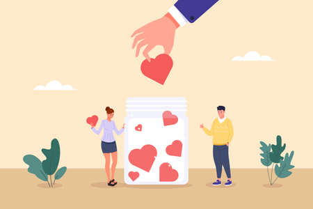 Collecting donation jar. Person hand give heart in bank, hearts collecting generous humanitarian help, fundraising donation people solidarity support, love gift vector illustrationのイラスト素材