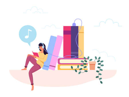 Student listen audio book. Listening or reading audiobook, music radio ebook library in headphones woman choice home study sound literningのイラスト素材