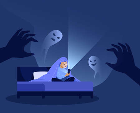 Children nightmares. Anxiety kid under blanket scared of monster bed dark room, child nightmare fear ghost boy afraid boogeyman darkness bedroom horror cartoon vector illustrationのイラスト素材
