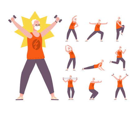 Seniors man exercise. Pensioner sport exercises gym, active aged grandpa fitness training healthy old athlete doing aerobics activity fresh grandfather splendid vector illustrationのイラスト素材