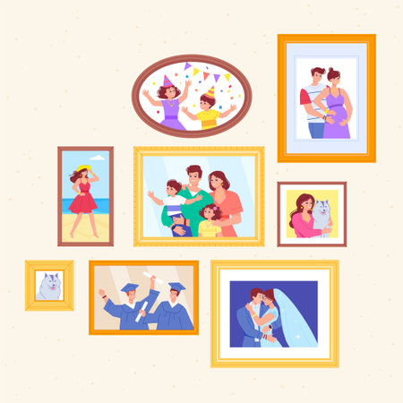 Family photographs. Families photo in frame on wall, memory pictures generations portraits happy moments nostalgic memories wedding affection people flat swanky vector illustrationのイラスト素材
