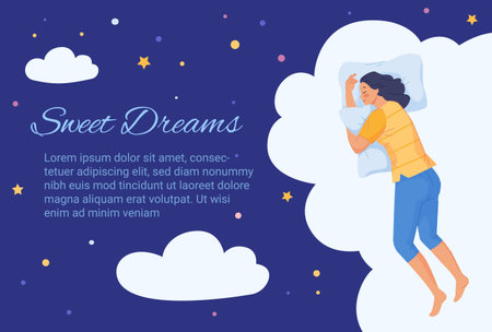 Sweet dreams layout. Comfortably peaceful healthy sleep on mattress bed, relaxed adult happy woman sleeping and floating in dream night stars, banner template vector illustrationのイラスト素材
