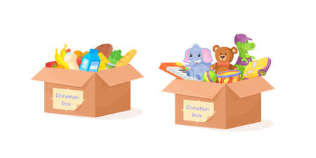 Boxed shelter donation. Full cardboard box of donations toy or food, relief grocery things for helping homeless hunger children, social help needy orphan kid, vector illustrationのイラスト素材