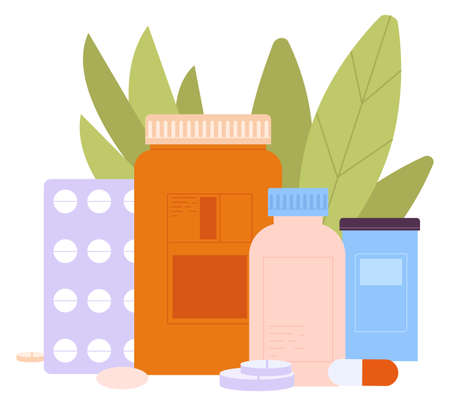 Drugs icon. Pharmacy medicine bottles and packs with green leavesのイラスト素材