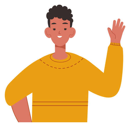 Greeting hand gesture. Black smiling boy wavingのイラスト素材