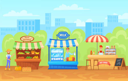 Outdoor farm market. Street marketplace cartoon traditional farmer shop, tent bazaar fresh fruit vegetable stalls urban place village food sale background, neat vector illustrationのイラスト素材