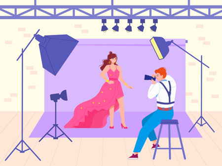 Photographer shooting model. Casting photo models in spotlight photography studio interior, shoot...