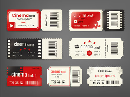 Realistic cinema tickets. 3d movies ticket mockup, present certificate admission on movie festival event entry coupon in theater, isolated barcode template tidy vector illustrationのイラスト素材
