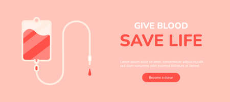 Give blood poster. Medicine campaign savings bloodbank, pack or bottle donor plasma, donate bloody drop for aid hospital resuscitation, charity world donors day vector illustrationのイラスト素材
