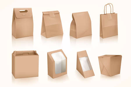 3d takeout bags. Restaurant takeaway food package, seal sticker pouch delivery craft paper handle bag or lunch box cardboard container bakery carton sachet tidy vector illustrationのイラスト素材