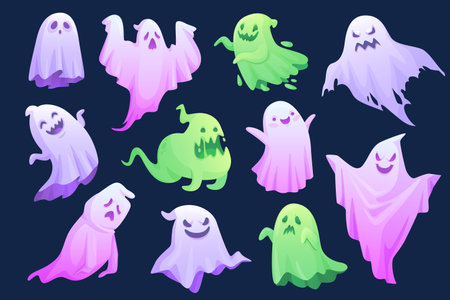 Cartoon ghost phantom. Spooky ghosts poltergeist funny character of haunted house friendly spirit seeing fabric body cute halloween scary monster face ingenious vector illustrationのイラスト素材