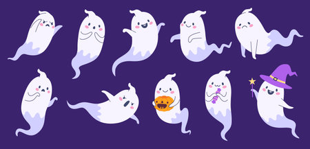 Halloween phantom. Cute ghost emoji funny death face, cartoon poltergeist in fabric costume, happy halloween ghostly monster child spirit character, ingenious vector illustrationのイラスト素材