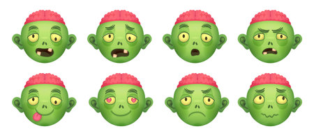 Zombie emoji. Cartoon zombies avatars, comic head with brain emoticon dead face logo, spooky scary halloween monster costume party caricature icons, ingenious vector illustrationのイラスト素材