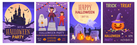 Costume contest posters. Halloween party poster design art, halloweek flyer or invitation card creepy monster pumpkin on horror graveyard background, ingenious vector illustrationのイラスト素材