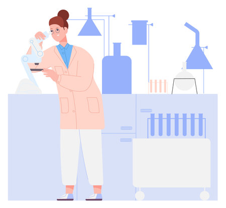 Woman working in laboratory. Scientist workplace with chemical equipmentのイラスト素材