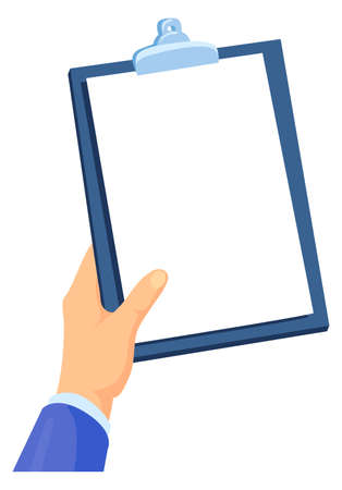Hand holding paper document on clipboard. White sheetのイラスト素材