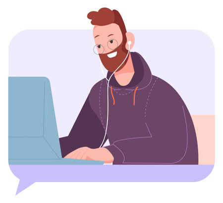 Man working on laptop in message frame. Freelancer characterのイラスト素材