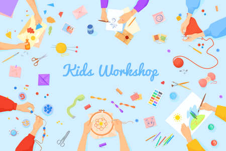 Kids diy workshop. Child handmade, teaching handcraft hobby embroidery handicraft, children hands making art from wrapping paper table creative studio, cartoon vector illustrationのイラスト素材