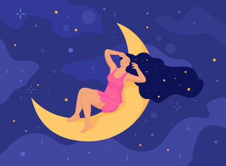 Woman rest on moon. Mystery girl calm dreaming and sleeping in night star sky, healthy deep sleep beautiful female with long dark hair wellbeing bedtime concept vector illustrationのイラスト素材