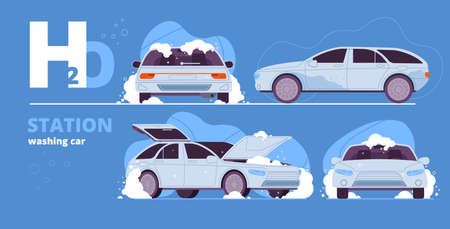 Carwash station. Fast washing car interior, foam water cleaning open hood trunk of dirty cars, bubble suds shower dust auto machine or engine equipment splendid vector illustrationのイラスト素材