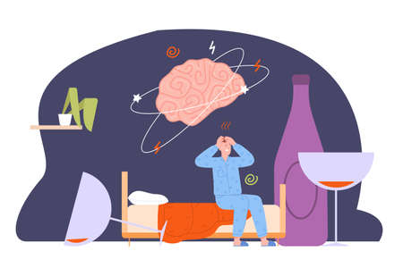 Alcoholic hangover. Drunk man in pajama sick after abuse alcohol, damage health brain bad habit drinking wine bottle sad addict drinker strong toxic alcoholism, vector illustrationのイラスト素材