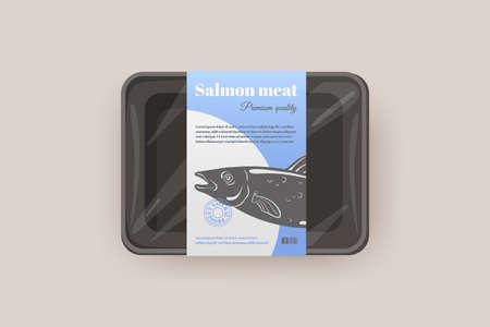 Fresh fish packaging. Seafood branding package design, salmon craft label mockup plastic tray or food container for shop, bbq tuna freshness meat pack, cartoon vector illustrationのイラスト素材