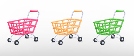 3d supermarket trolley. Render trolly cart empty hypermarket pushcart, isolated plasticine plastic wheel trolleys delivery gift shop ecommerce consumerism, tidy vector illustrationのイラスト素材