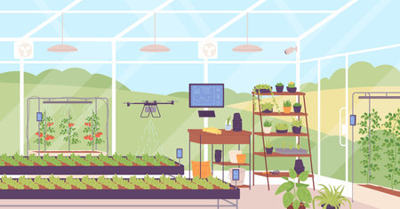 Greenhouse of future. Innovative agricultural industry smart planting house plant, drone irrigation iot mobile application monitoring and farm control, garish vector illustrationのイラスト素材
