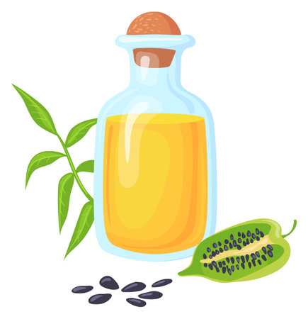 Sesame oil icon. Glass bottle with seeds. Cartoon foodのイラスト素材