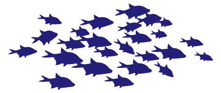 Swimming fish shoal. Blue animal silhouettes underwaterのイラスト素材