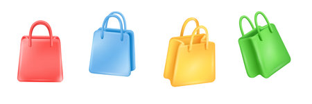3d shopping handbag. Empty colorful shop bag, levitate packages fashion shopper mockup render supermarket bags handles commercial merchandise discount sale tidy vector illustrationのイラスト素材