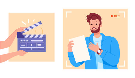 Actor reading script. Movie academic rehearsal actors casting concept, cinema action clapperboard backstage guy acting in hollywood film or theatre play, swanky vector illustrationのイラスト素材